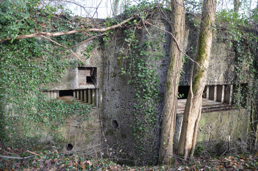 Ligne Maginot - HUTTINGUE OUEST 2 - (Blockhaus pour canon) - Créneau de tir: à gauche pour mitrailleuse, à droite pour canon. Sous le créneau mitrailleuse, la goulotte d'évacuation des douilles et à droite la goulotte à grenade. - D. Froehly