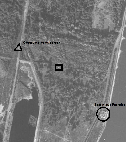 Ligne Maginot - 498B - BASSIN AUBERGER 2 (Blockhaus pour arme infanterie) - Le bloc est visible entre l'observatoire et la casemate de berge. - IGN - Géoportail 1947