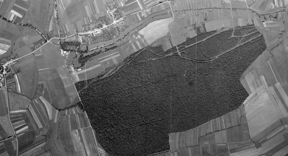 Ligne Maginot - Depot de munitions de Reinange - Vue aérienne des années 50 des installations de Reinange.
Le depot de munitions est sur la droite de la photo, le grill sur la gauche et la tete d'antenne en haut de la photo - IGN - Géoportail 1950