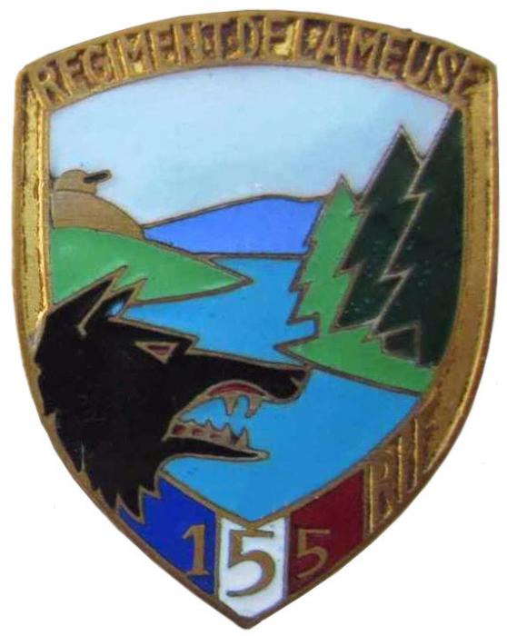 Ligne Maginot - Insigne du 155° Régiment dr'Infanterie de Forteresse - Dans un écu, une tête de loup veillant sur la vallée de la Meuse dominée par une coupole d'artillerie.
Fabrication Arthus Bertrand