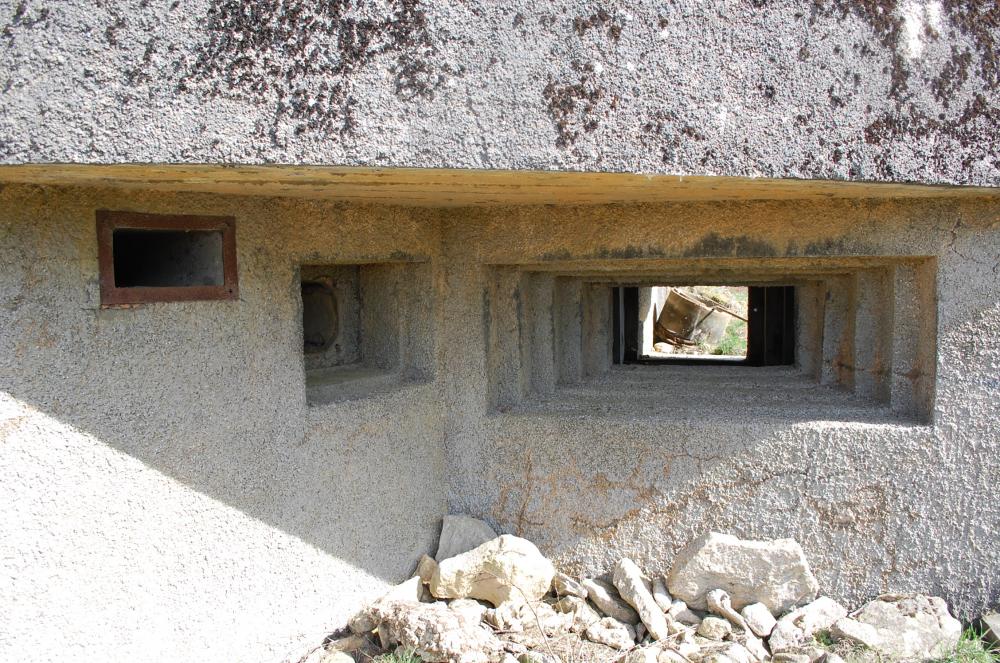 Ligne Maginot - MB121 - (Blockhaus pour canon) - Blockhaus en plein champ, forêt à proximité. La façade et les crenaux de tir - Christian RICHON/devoitine520