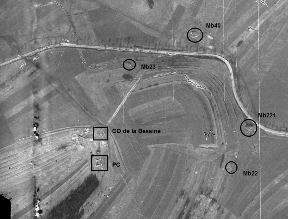 Ligne Maginot - La BESSINE Sud (Quartier Villers le Rond - II/132° RIF) (PC de Quartier) - Le PC repéré sur la carte d'EM est visible au sud du central d'observation. - IGN - Géoportail 1940