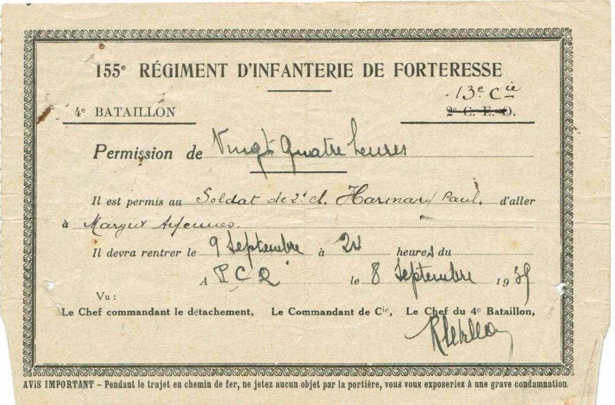Ligne Maginot - MOIRY - (Casemate d'infanterie - Double) - Permission du soldat de deuxième classe PAUL HARMAND ( mariage ) , alors en poste à la casemate de Moiry et signé par le commandant LEVILLAIN du 4 ème bataillon . - Collection David  HARMAND