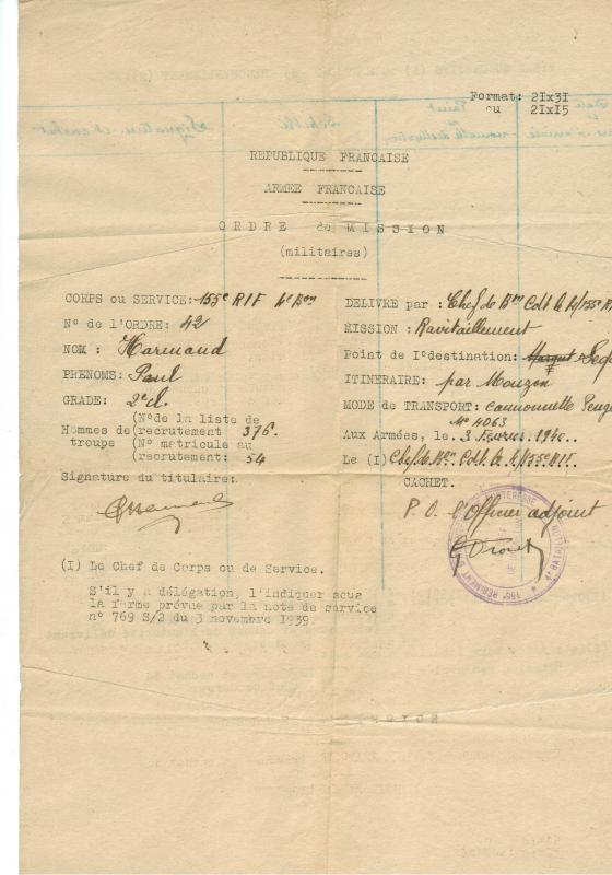 Ligne Maginot - MOIRY - (Casemate d'infanterie - Double) - Ordre de mission du soldat Harmand - Collection David HARMAND