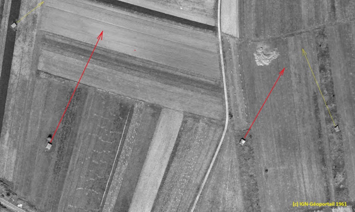 Ligne Maginot - PA de BIENLINCK en 1961 - Noter l'action frontale des 4 blocs, vers Denting et en interdiction de la piste et du vallon montant vers Ban Saint Jean - IGN - Géoportail 1961