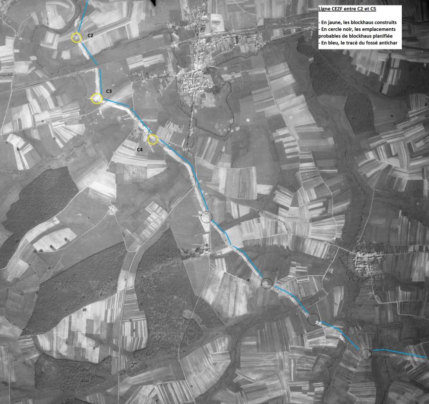 Ligne Maginot - Ligne CEZF entre C1 et C5 - 1948 - Sure cette photo de 1948, le tracé de la ligne CEZF apparaît clairement. - JOLAS, Jean-Michel sur base IGN-Géoportail