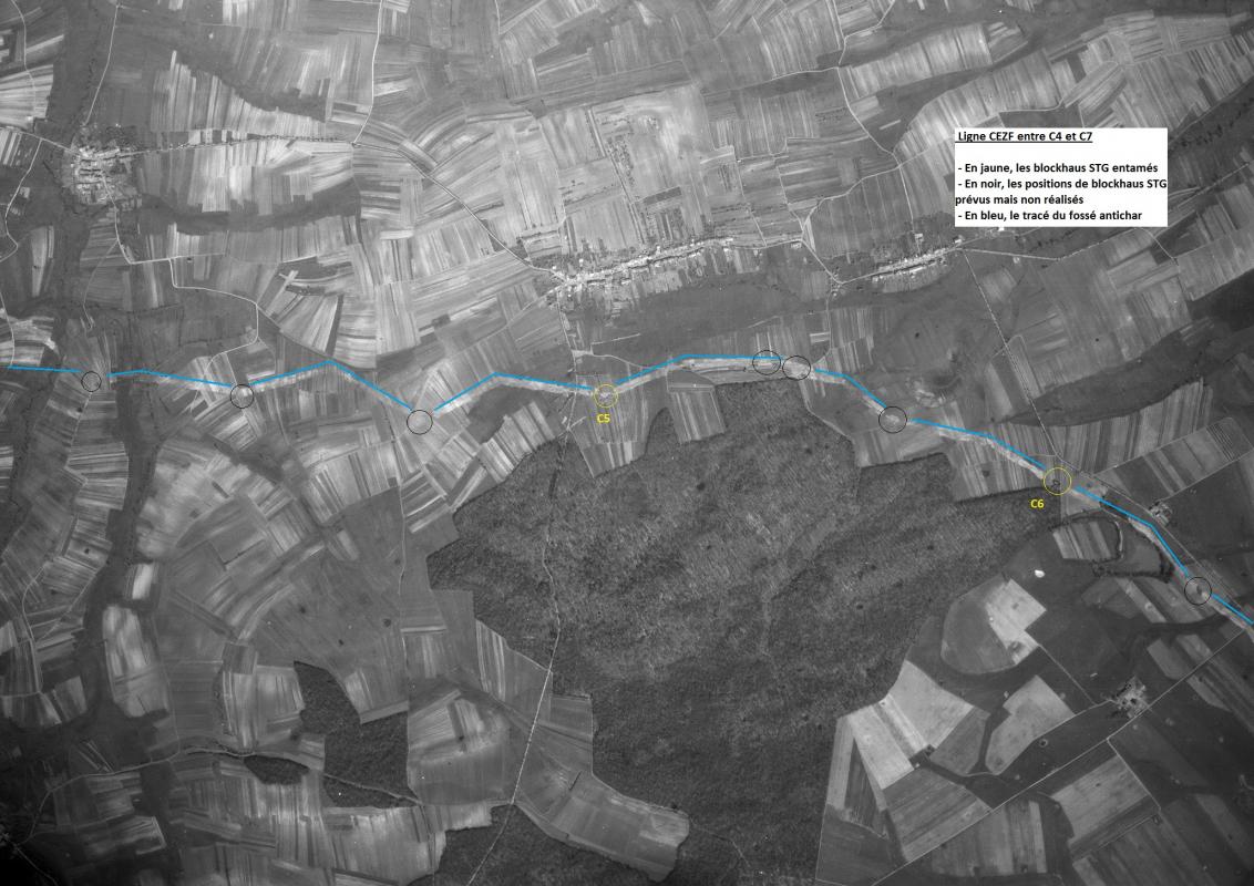 Ligne Maginot - Ligne CEZF entre C4 et C7 - 1948 - Sure cette photo de 1948, le tracé de la ligne CEZF apparaît clairement. - IGN - Géoportail 1948