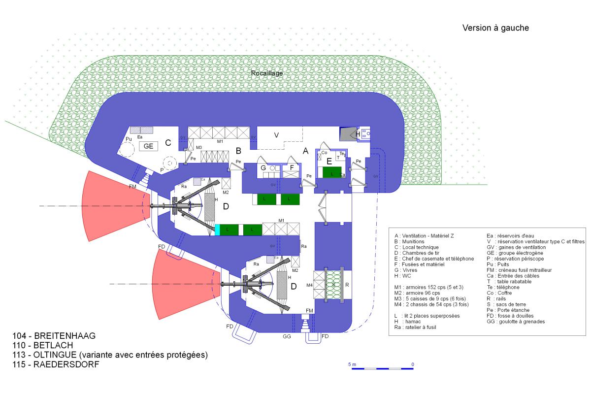 Ligne Maginot - Casemate d'artillerie STG Réduite Mle 1936 pour deux canons de 75 mm Mle 1897/33 selon Modificatif n°1 de 1937 - Variante à gauche
