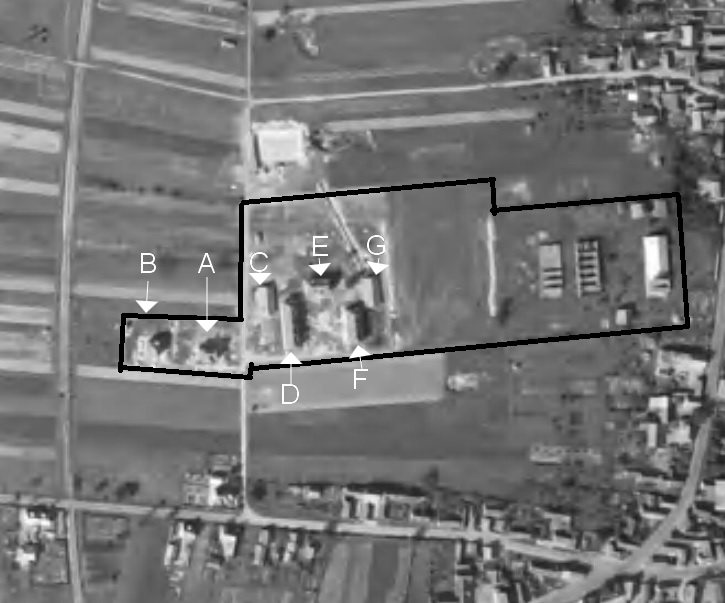 Ligne Maginot - BANTZENHEIM - (Camp de sureté) - Implantation des bâtiments
Voir les photos publiées sur cette page pour la signification des repères. - IGN - Géoportail 1950