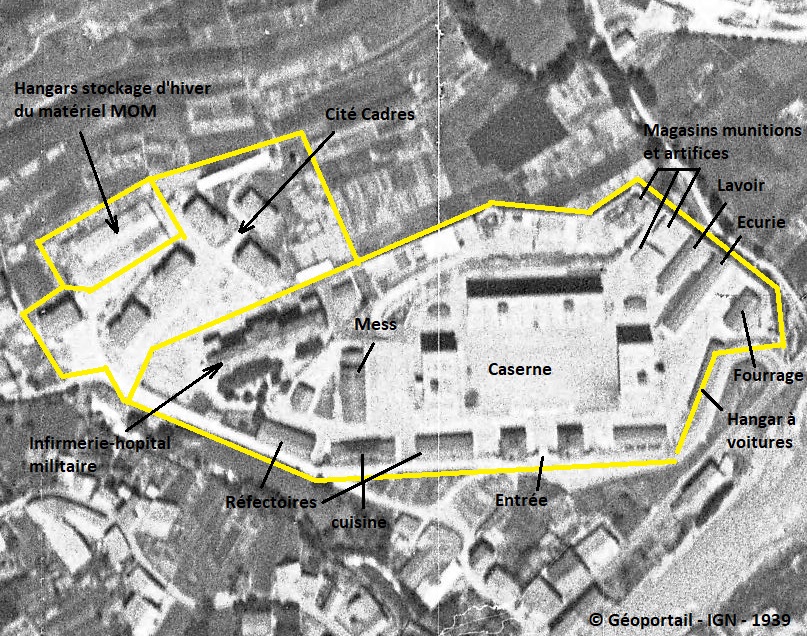 Ligne Maginot - CASERNE LOUTRAZ - (Casernement) -  Configuration de la caserne LOUTRAZ en 1939, avec la destination des bâtiments. - Jean-Michel Jolas sur fond IGN-Géoportail