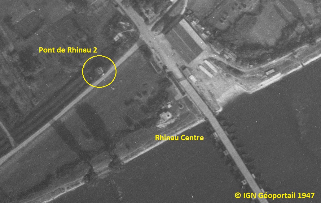 Ligne Maginot - PONT DE RHINAU 2 - (Blockhaus de type indeterminé) - Le bloc encore visible en 1947 - IGN - Géoportail 1947