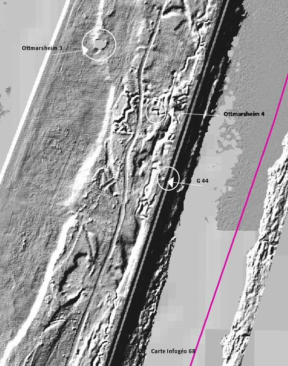 Ligne Maginot - OTTMARSHEIM 4 - (Abri) -   Photos Lidar avec vision des boyaux et emplacements des abris encore visible - Infogéo68