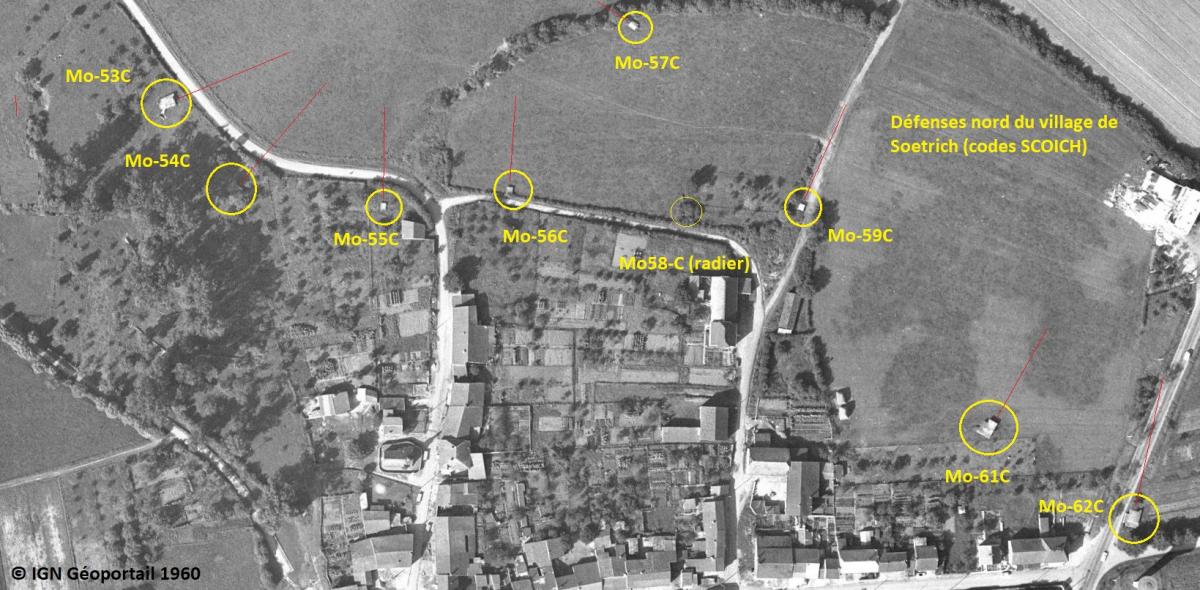 Ligne Maginot - CB286 - PESCH OUEST - (Blockhaus pour arme infanterie) - Plan général des défenses nord de Soetrich. Il manque le bloc Mo-60C - IGN - Géoportail 1960