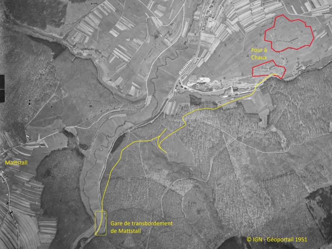 Ligne Maginot - VF60 -Antenne du Four-à-Chaux - Tracé de la voie de 0,60m entre la gare de transbordement de Mattstall et le FOUR à CHAUX - IGN
