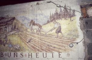 Ligne Maginot - ZIMMING CAMP - (Camp de sureté) - Peinture murale allemande (KG ?) de 1945.
Sous sol d'un bâtiment.
Etat 10/1991