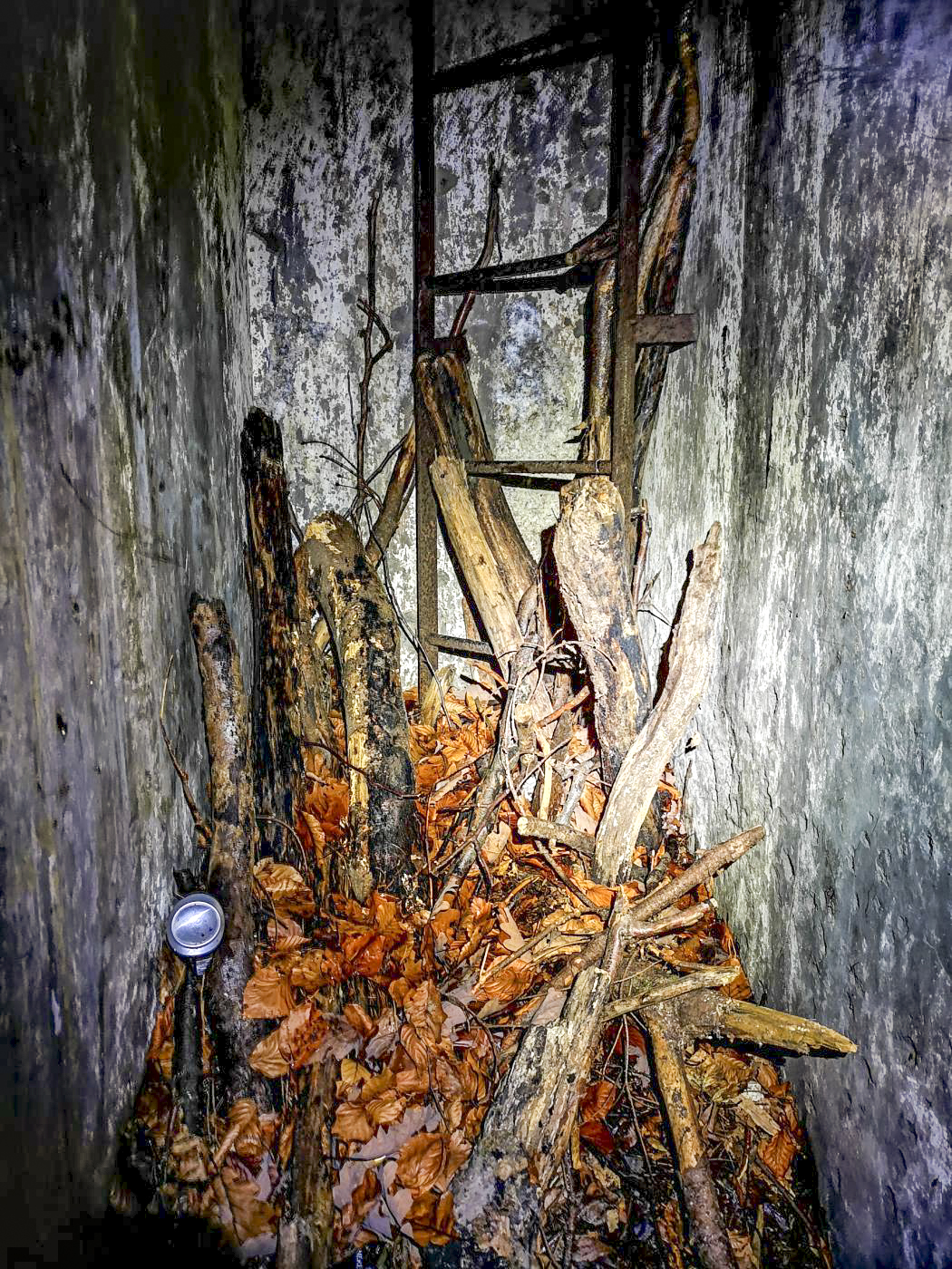 Ligne Maginot - U2 - (Chambre de coupure) - Le puits d'accès et son échelle sont obstrués par des bouts de bois et des détritus divers. - DK_Antoine4