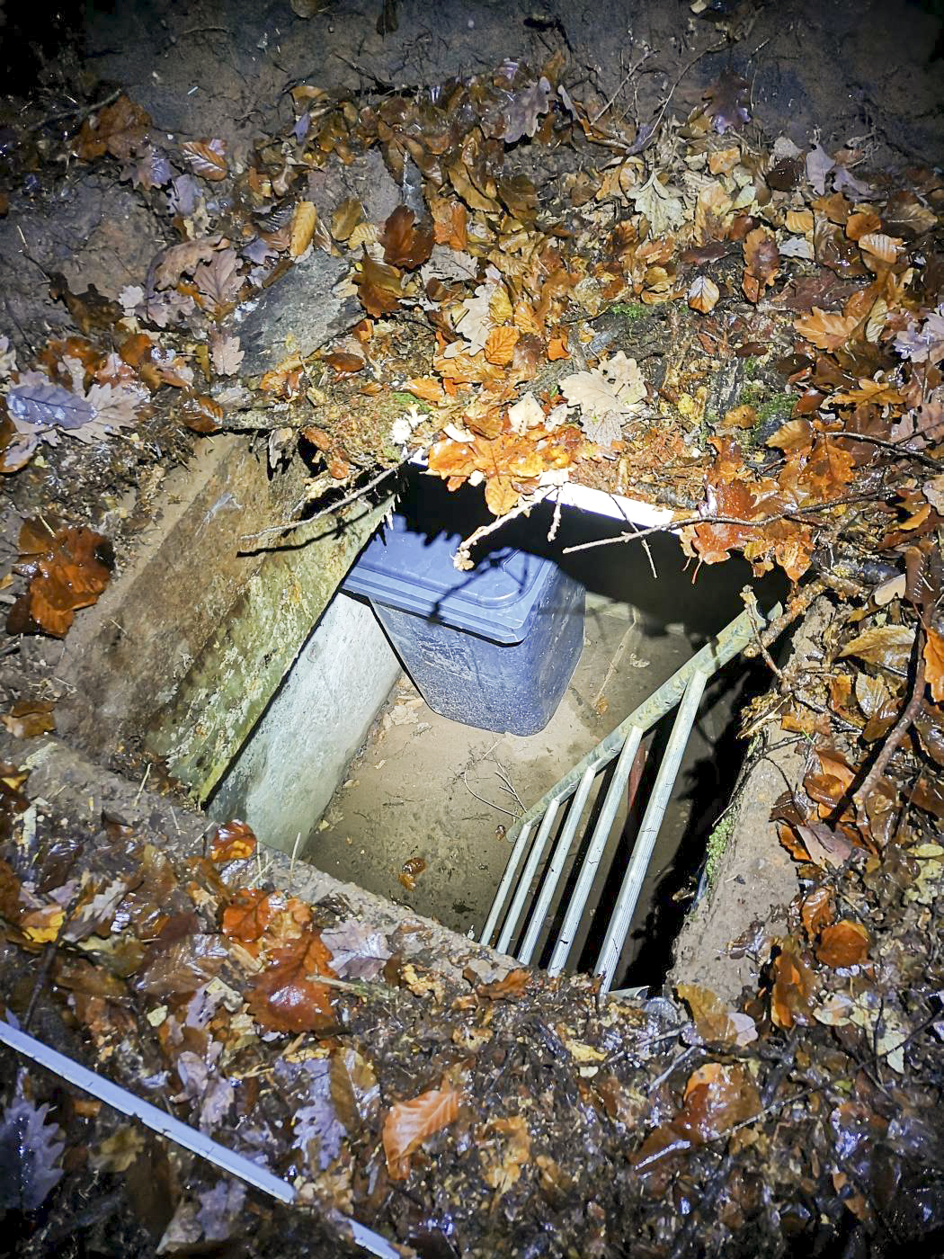 Ligne Maginot - U1 - (Chambre de coupure) - Fait étrange sur son utilisation actuelle : la trappe en métal et l'échelle d'accès ont disparu. La trappe a été remplacée par des panneaux en métal, et l'échelle par une plus large. Une poubelle est présente dans le local, pour une utilisation indéterminée. - DK_Antoine4