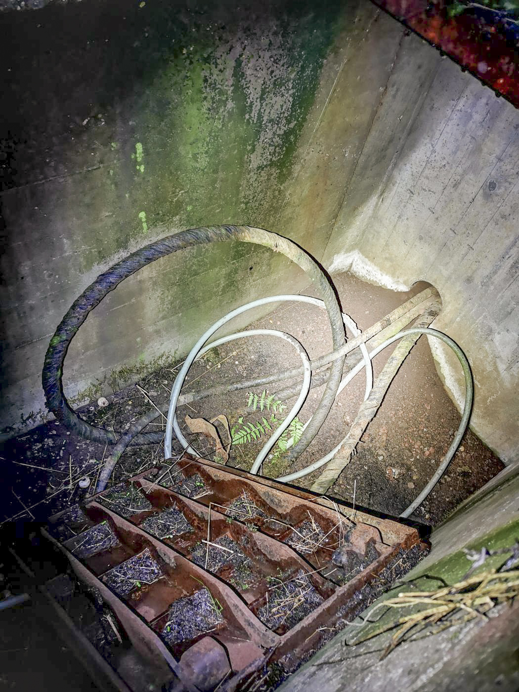 Ligne Maginot - B4 - (Chambre de coupure) - Cette chambre de tirage a été construite (possiblement) en remplacement de B4, qui a disparu après la construction de l'axe routier D620.
Des câbles modernes prolongent les anciens. - DK_Antoine4