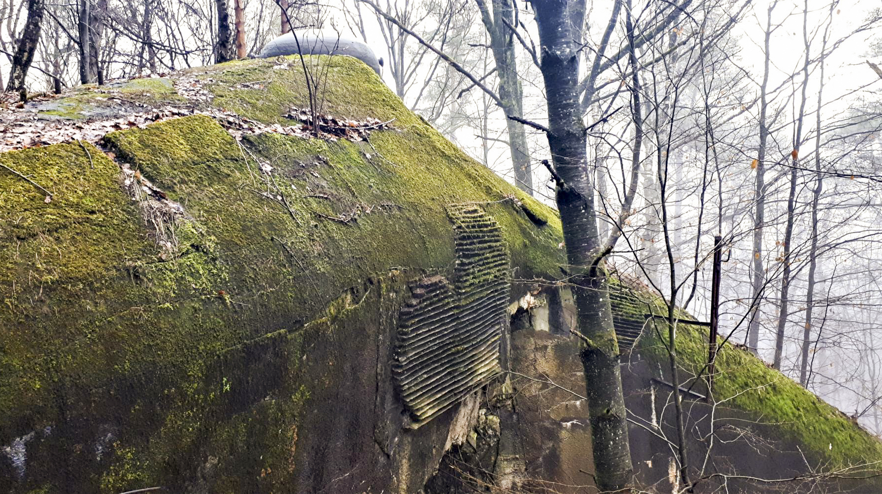 Ligne Maginot - HOCHWALD C6 - (Casemate d'infanterie) - Détail de la façade de la chambre de tir haute, noter le camouflage et le support de câble pour une alimentation électrique extérieur - Gregory Fuchs