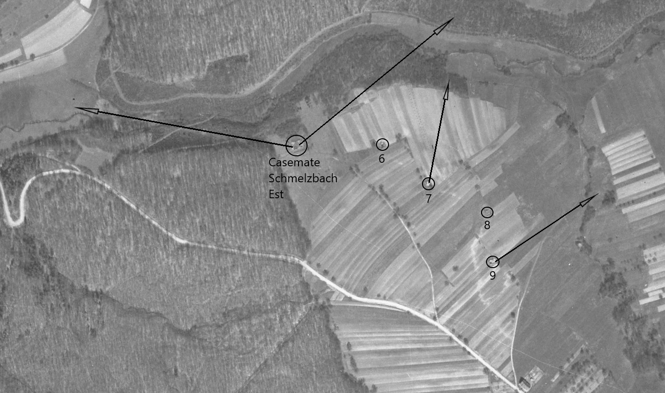 Ligne Maginot - La casemate Schmelzbach Est et les blocs MOM 6 à 9 - La casemate Schmelzbach Est et les blocs MOM 6 à 9 - IGN - Géoportail 1951