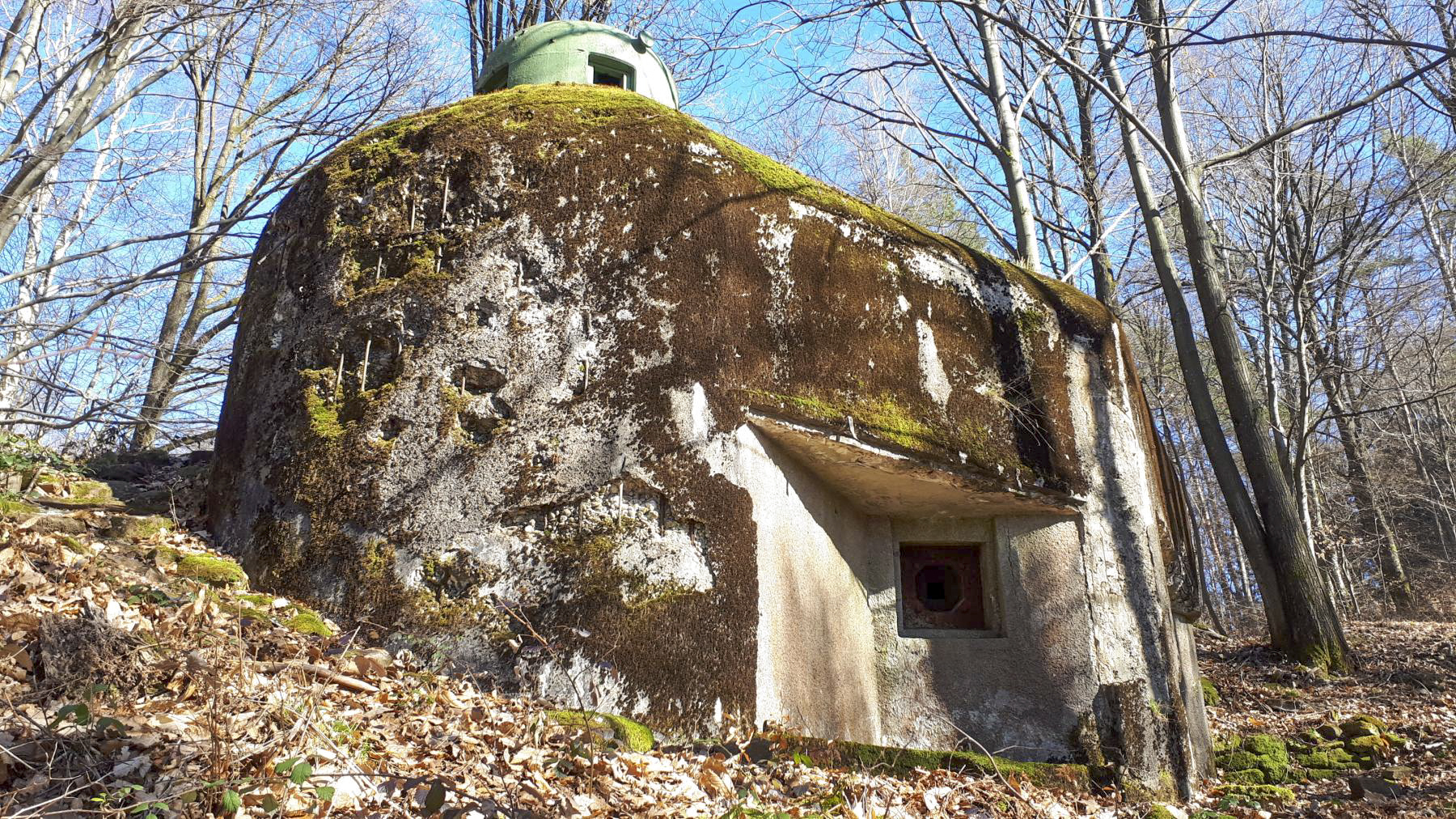 Ligne Maginot - GUNSTHAL COL OUEST - (Blockhaus pour arme infanterie) - Vue sur le créneau FM principal, noter les impacts sur l'orillon - Gregory Fuchs