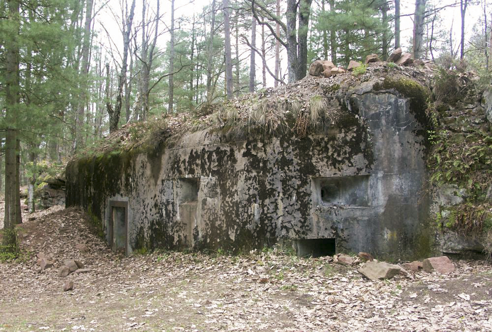 Ligne Maginot - MAIN du PRINCE 2 (Blockhaus pour arme infanterie) - Vue d'ensemble de la façade depuis la droite
L'entrée, le créneau de façade et le créneau de flanquement à l'extrémité droite - Pascal LAMBERT