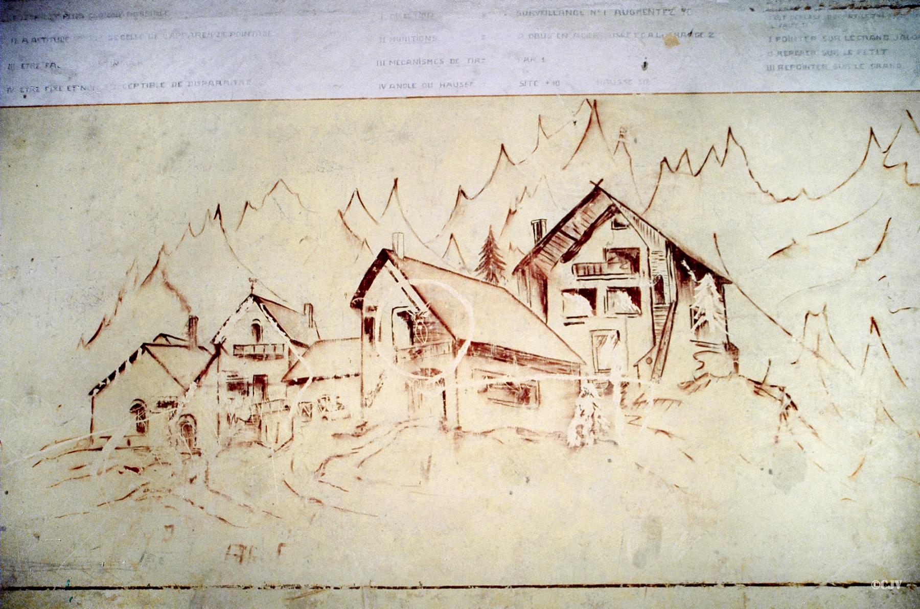 Ligne Maginot - LANGENSOULTZBACH - (Camp de sureté) - Bâtiment B
Salle 4
Peinture murale du casernement - Lia VERMEULEN