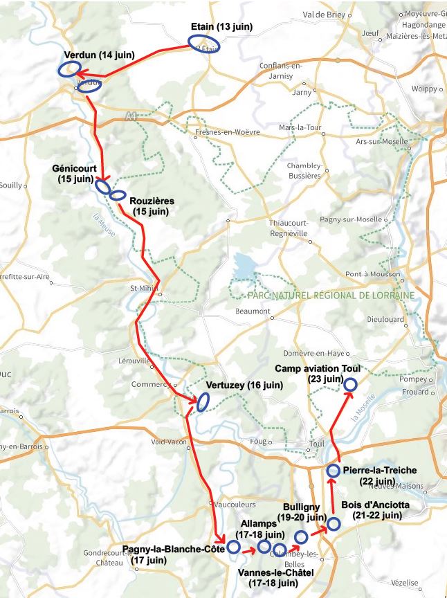 Mouvements du 45° GRRF entre le 13 et le 22 juin 1940