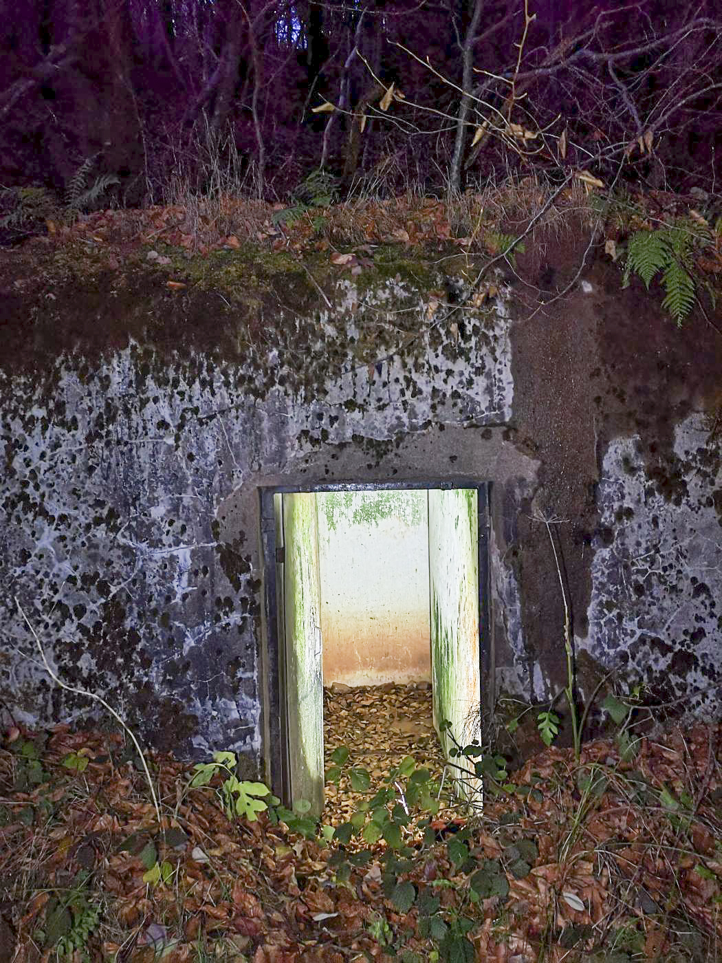 Ligne Maginot - B2 - (Chambre de coupure) - L'entrée de la chambre de coupure B2 éclairée de nuit. - DK_Antoine4