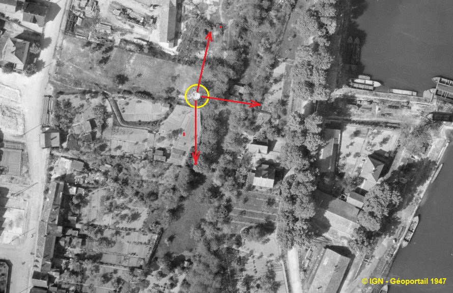 Ligne Maginot - HUNINGUE - (Blockhaus pour arme infanterie) - Le bloc et ses axes de tir selon la carte renseignée au 1:10.000e de la 67° DI - IGN - Géoportail 1947