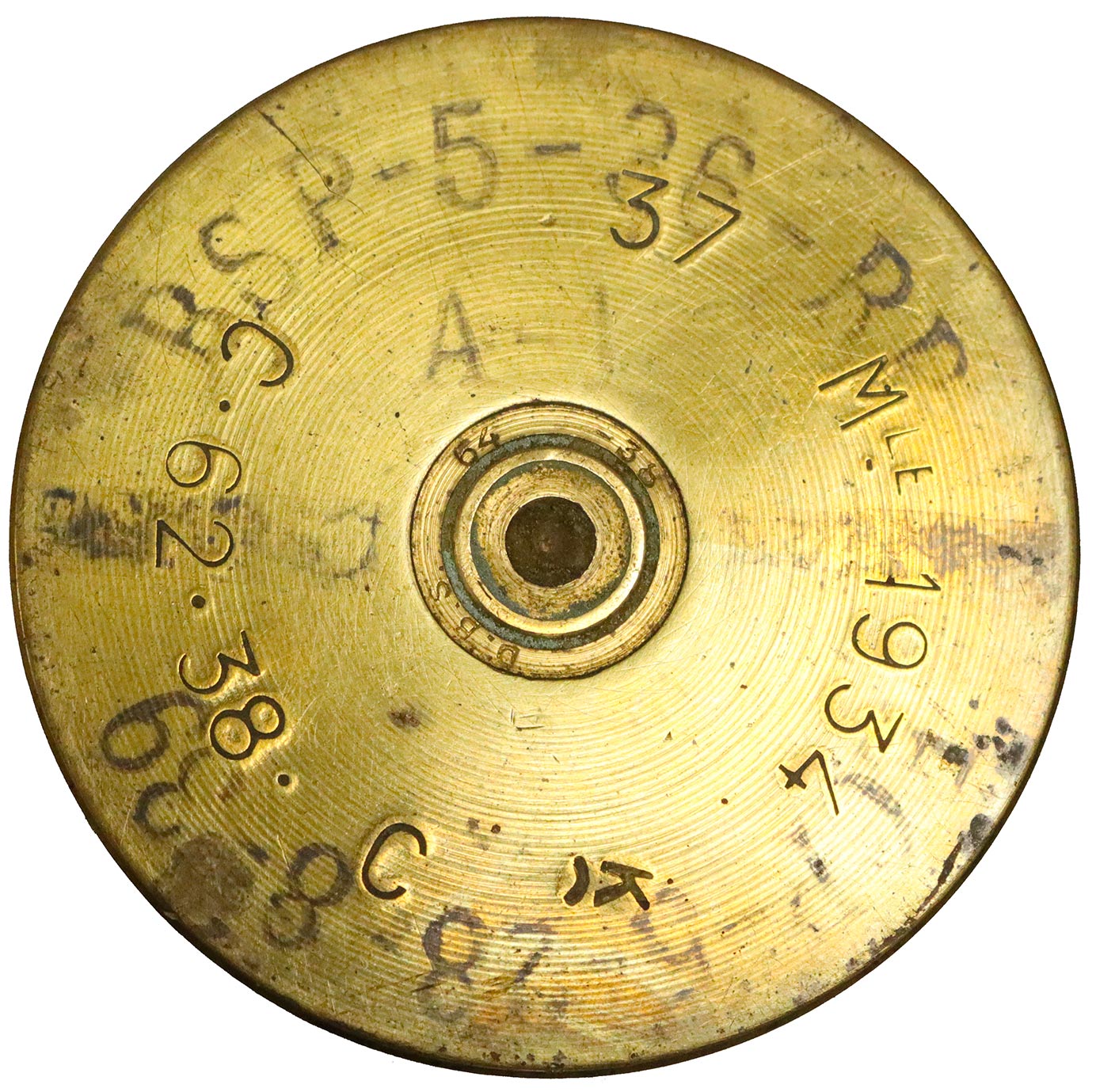 Ligne Maginot - Cartouche de 37 mm - Identifcation - Douille de 37mm mle 1934 
Exemple de marquage au nitrate d’argent (en partie effacé) soit :
- BSP-5-1-36 RP : poudre BSP– lot 5 de 1936 fabriquée à la poudrerie du Ripault,
- A-1 :  non identifié,
- ECP-5-28-8-39 : chargement de la douille effectué par l’Ecole Centrale de Pyrotechnie de Bourges - lot 5 - le 28 aout 1939.
