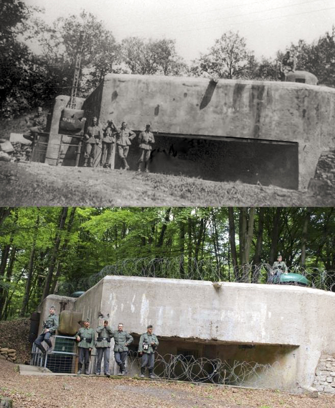 Ligne Maginot - HUBERBUSCH SUD - C59 - (Casemate d'infanterie) - Photo d'époque de 1940 avec une reconstitution de photo réalisée en juillet 2015 avec un groupe de reconstitueurs - Landserfibel