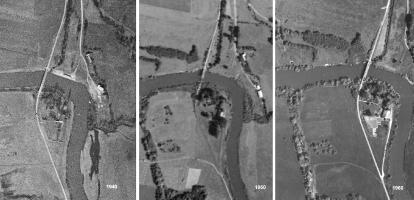 Ligne Maginot - 19LM - (DMP - Dispositif de Mine Permanent) - Avant (1940)-Après (1950 et 1960).
Noter le pont provisoire pour la route et la disparition des maisons proches du pont d'origine.