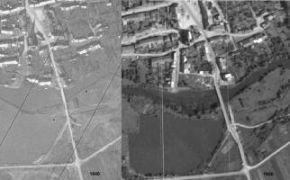Ligne Maginot - 17LM - (DMP - Dispositif de Mine Permanent) - Avant (1940)-Après (1950).
Noter le pont provisoire pour la route et la disparition des maisons proches du pont d'origine.