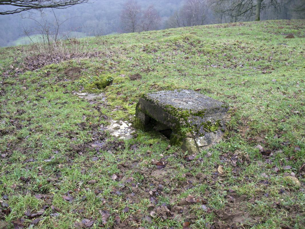 Ligne Maginot - BB305BIS - LA BOULETTE NORD - (Observatoire d'infanterie) - Créneau d'observation, entrée verticale sur la gauche du photo. 
Surface bétonnée passe vers la droite du photo, avec une deuxième entrée verticale à droite (pas sur la photo). - R Tucker