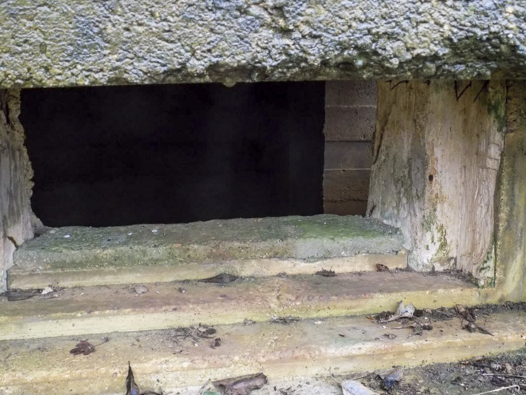 Ligne Maginot - E - CÔTE DU RÛ SUD - (Blockhaus pour arme infanterie) - Face frontale (vue rapprochée du créneau Hotchkiss). On aperçoit à droite du cliché le mur pare-éclats de l'entrée gauche. - Richard TUCKER