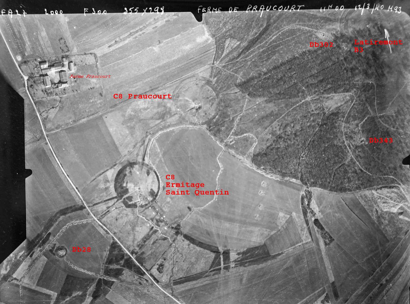 Ligne Maginot - DB28 - (Blockhaus pour canon) - Vue aérienne 
Mission du 12 mars 1940 - FA27 Alt 2000 - Armée de l'Air 