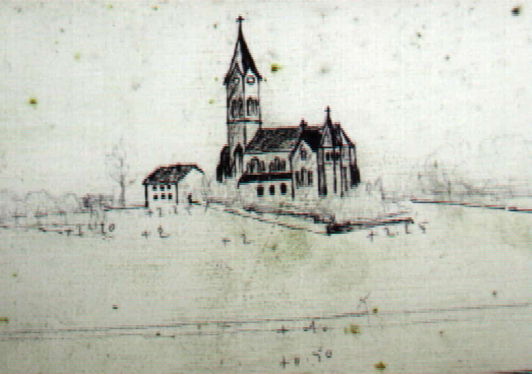 Ligne Maginot - BOIS KARRE - A12 - (Ouvrage d'infanterie) - L'église d'Usselskirch représentée sur le panorama peint sur la collerette de la tourelle de mitrailleuse. - Inconnu