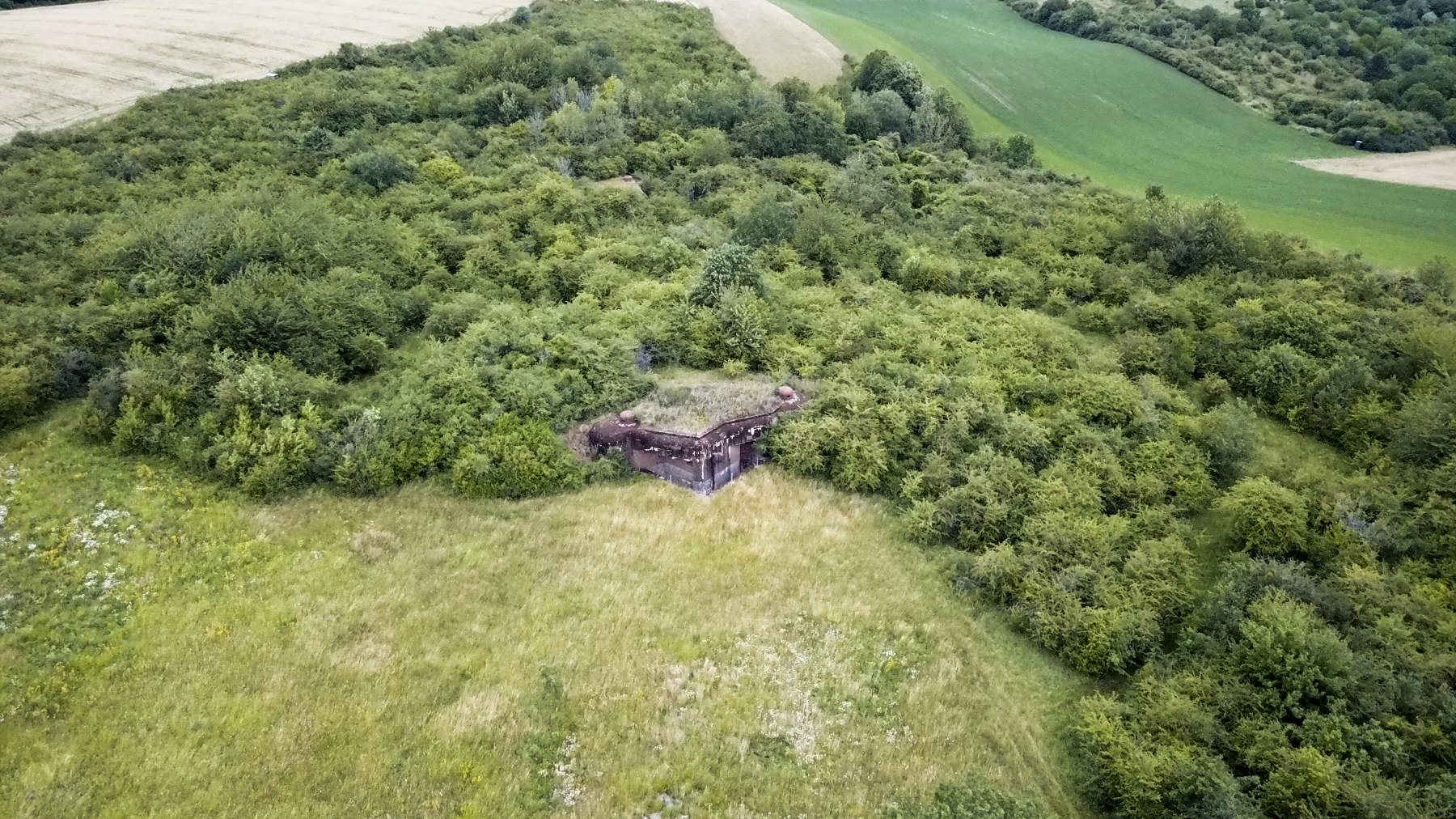 Ligne Maginot - ESCHERANGE OUEST - C37 - (Casemate d'infanterie - Simple) - Vue aérienne.
La casemate Ouest est en voie d'embroussaillement, une dernière cloche de la Casemate Est est encore visible au milieu de la végétation ayant regagnée - EN