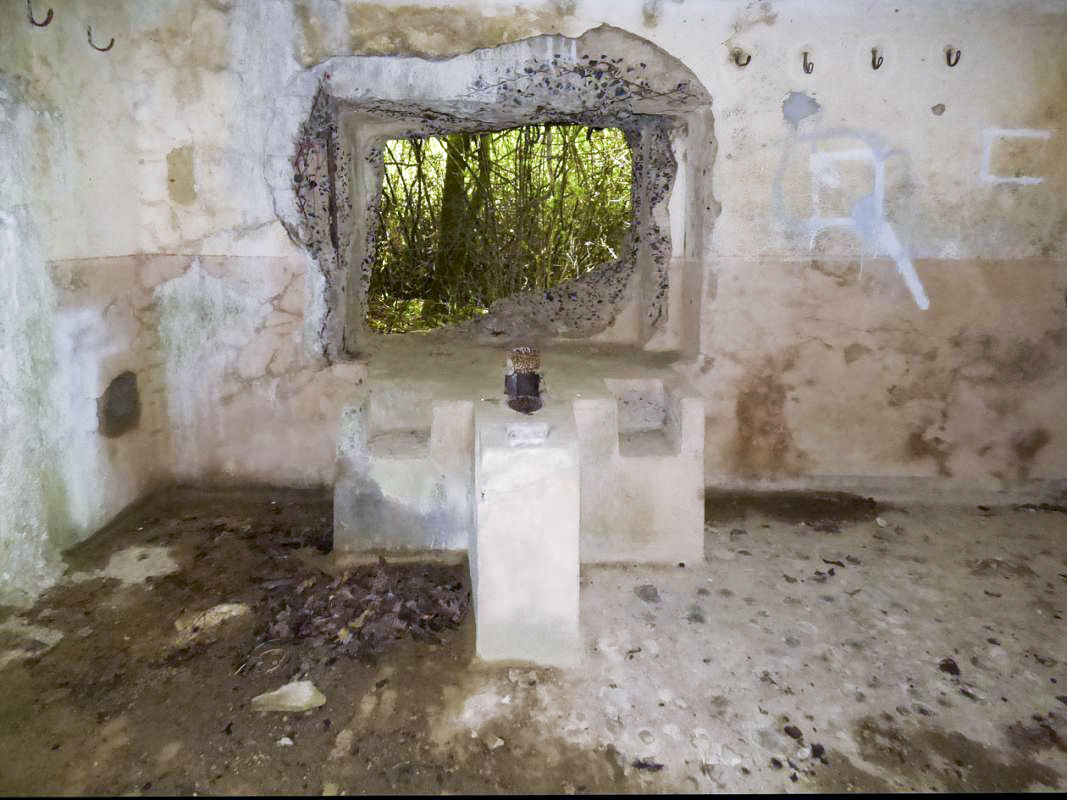 Ligne Maginot - B818 - LA TAILLE LAMBEAUX - (Blockhaus pour canon) - La chambre de tir du flanquement droit
L'embrasure du canon après plusieurs coups directs - Le mur opposé (flanquement gauche) présente des impacts de projectiles ayant traversés la longueur du blockhaus - JMBrams