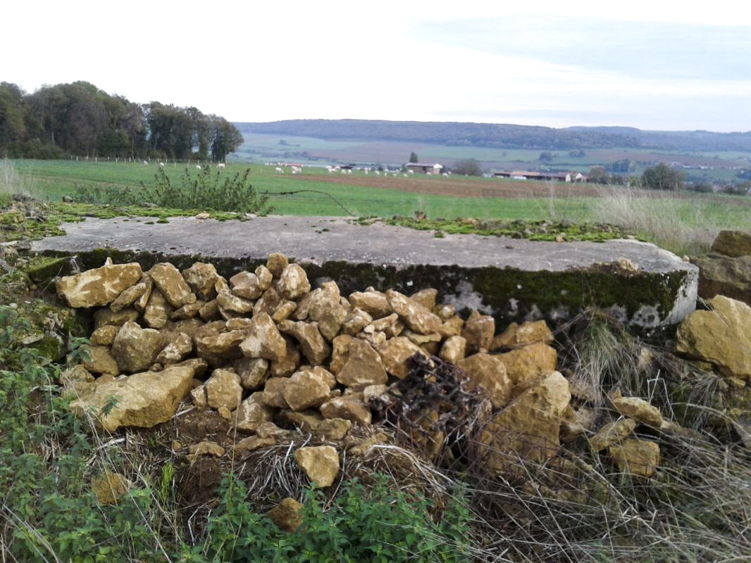Ligne Maginot - 64 - DEVANT LE BOIS - (Blockhaus pour arme infanterie) - Vue extérieure, prise du côté de l'entrée présumée; les cotés sont remblayées par des pierres - Fabrice THOMASSIN