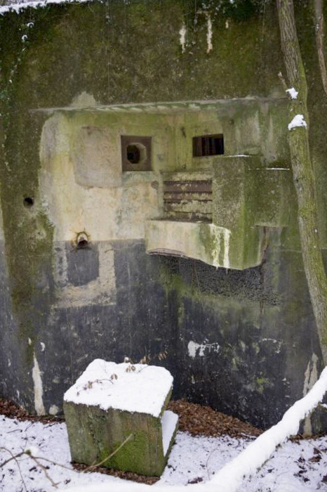 Ligne Maginot - BB374 - (Blockhaus pour canon) - Les créneax pour mitrailleuse et FM avec, couché dans la fouille en contrebas, ce qui aurait vraisemblablement servi de receptacle pour les douilles - Fré Do