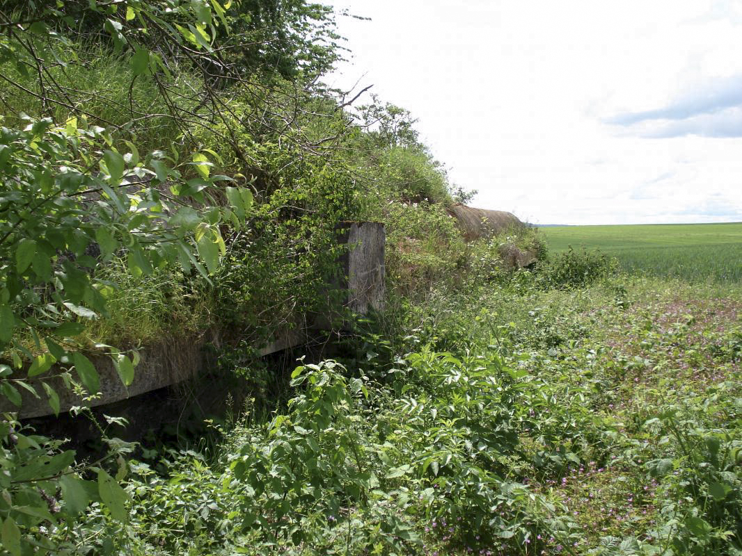 Ligne Maginot - SAINT WALFROY (4° BON - 155° RIF) - (PC de Quartier) - L'arrière du bâtiment, dégagé de l'empierrement devant le protéger, laisse apparaître la cunette et le regard permettant de recueillir les eaux de pluie tombant sur la dalle.
 - R Tucker
