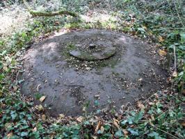 Ligne Maginot - BILLIG - A18 - (Ouvrage d'artillerie) - Bloc 7
La cloche VP.
On la distingue à peine sous la végétation qui reprend ses droits.