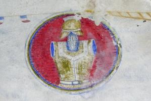 Ligne Maginot - SOETRICH - A11 - (Ouvrage d'artillerie) - Central téléphonique
Détail de la fresque peinte par le sapeur Yves Cornet  représentant la cuirasse et le pot-en-tête du 2° RG