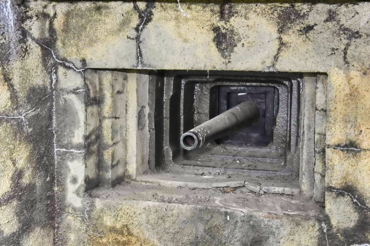Ligne Maginot - SENTZICH - A16 - (Ouvrage d'infanterie) - Casemate sud 
Créneau pour canon AC interchangeable avec un  jumelage de mitrailleuses Reibel MAC 31
(Le 'canon' en place est un faux canon installé dans les années 80-90) - D.Froehly