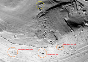 Ligne Maginot - GALGENBERG SUD-OUEST - (Abri) - Vue LIDAR du secteur, où les 3 abris sont bien visibles. Noter le réseau de tranchées et ce qui semble être un point d'appui sur le versant nord du sommet