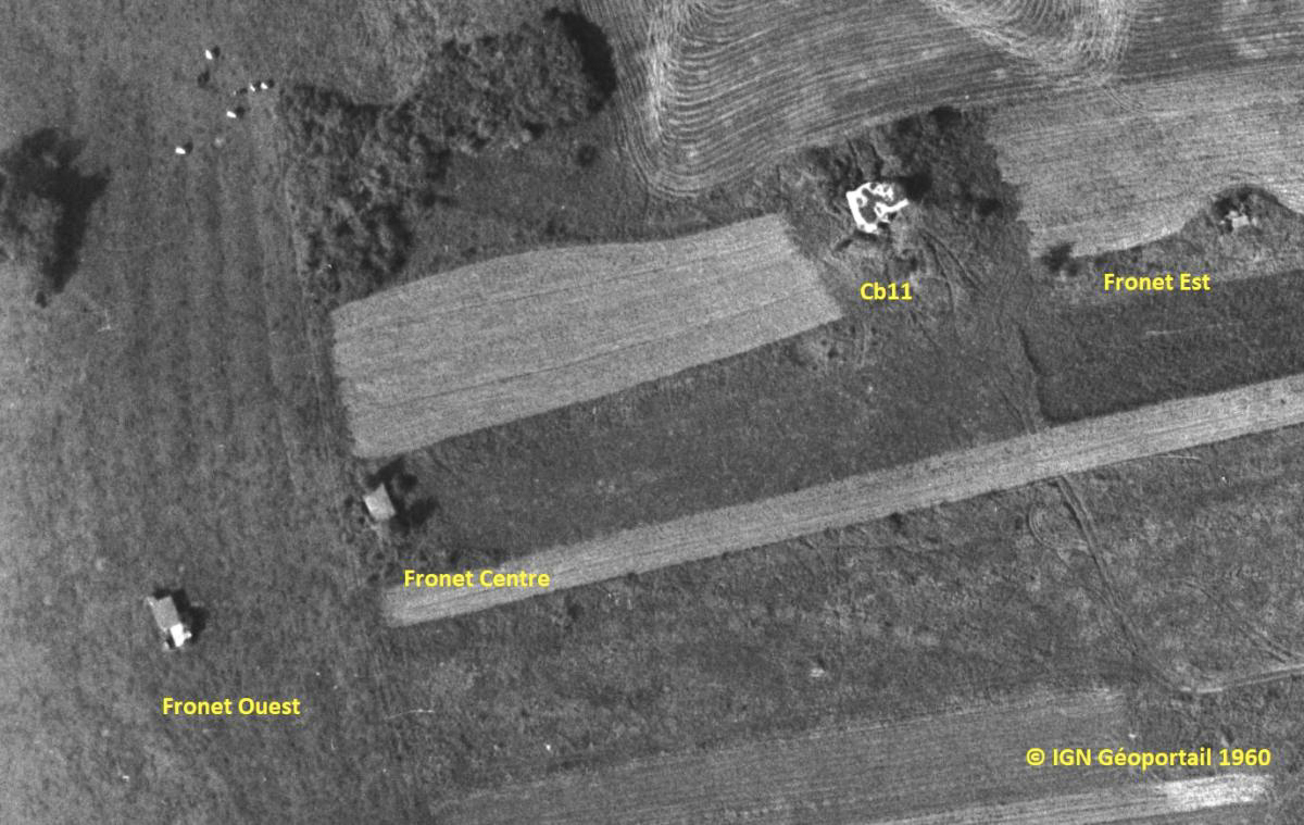Ligne Maginot - FRONET OUEST - (Blockhaus pour arme infanterie) - L'extension/abri en arrière de Fronet Ouest est bien visible - IGN - Géoportail 1960