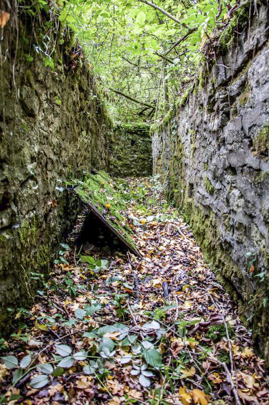Ligne Maginot - CB3 - (Blockhaus pour canon) - Boyau d’accès maçonné en excellent état.
Au sol contre le muret, la porte du bloc  - Fré Do