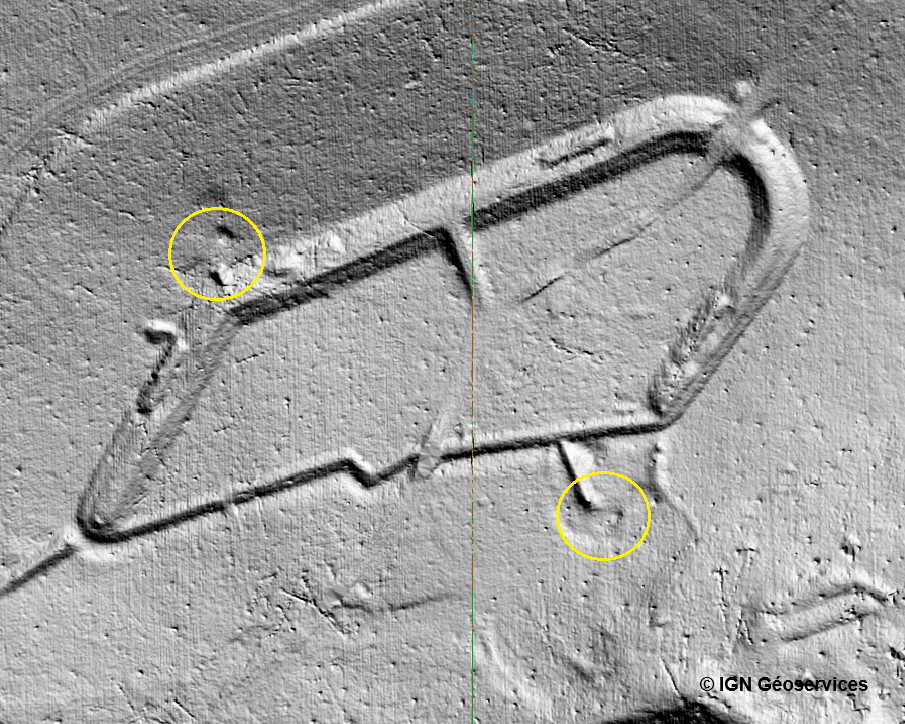 Ligne Maginot - ETANG NEUF OUEST - (Blockhaus pour arme infanterie) - L'ouvrage et les deux tourelles 7° Région sur fond LIDAR retraité - Jean-Michel Jolas